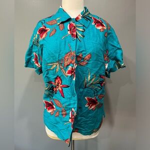 STYLE‎ & CO Floral Blouse Size 18W Short Sleeve Turquoise Linen Women Top Summer